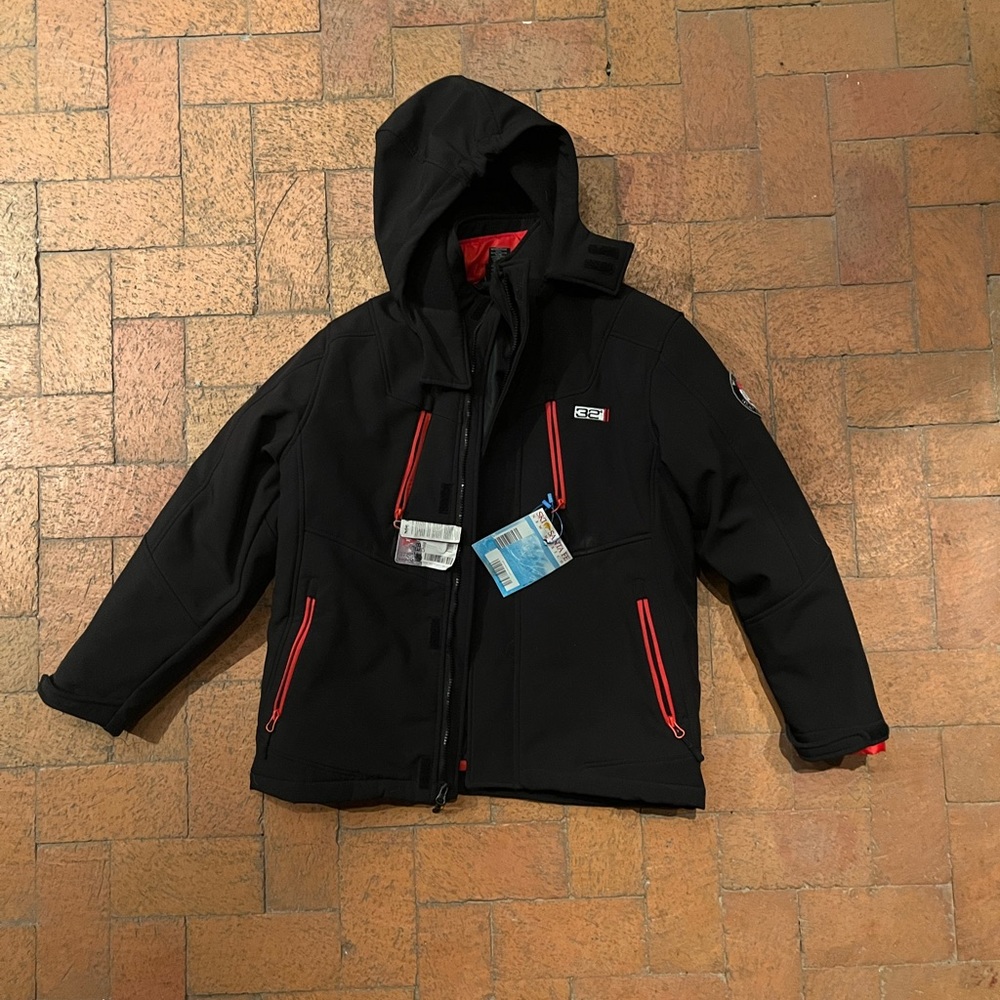 Large winter jacket 32 degrees, weatherproof insulated black and red